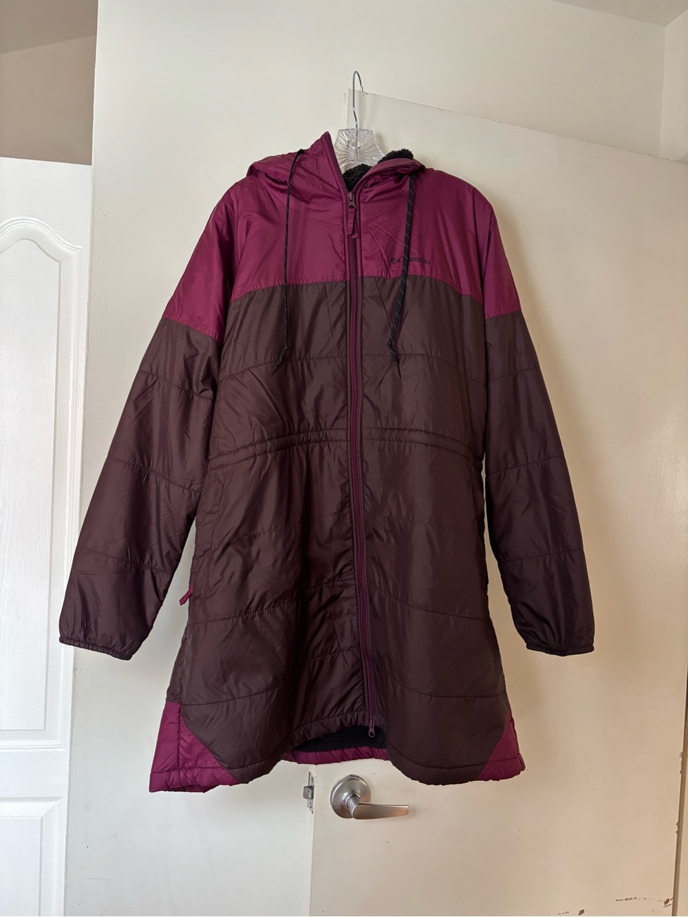 Columbia Two-Tone Hooded Ski Jacket in Plum Brown and Berry Black Sherpa Liner